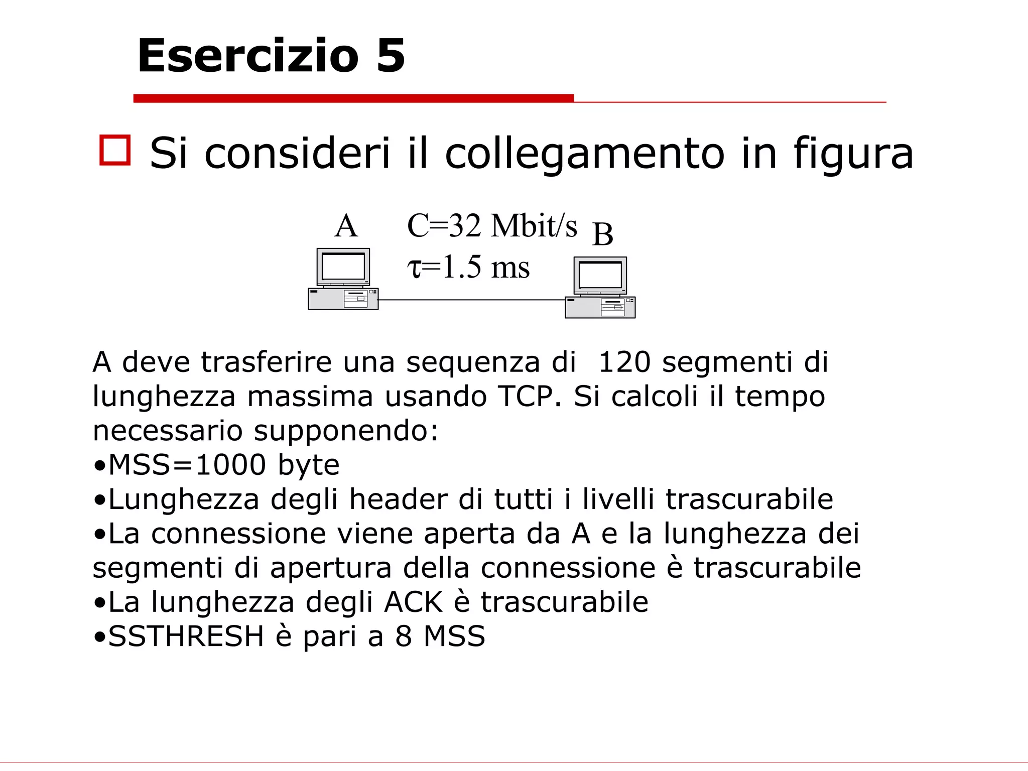 Esercizio 5 Si consideri il collegamento in figura A C=32 Mbit/s  =1.5 ms A deve trasferire una sequenza di  120 segmenti di lunghezza massima usando TCP. Si calcoli il tempo necessario supponendo: MSS=1000 byte Lunghezza degli header di tutti i livelli trascurabile La connessione viene aperta da A e la lunghezza dei segmenti di apertura della connessione è trascurabile La lunghezza degli ACK è trascurabile SSTHRESH è pari a 8 MSS   B 