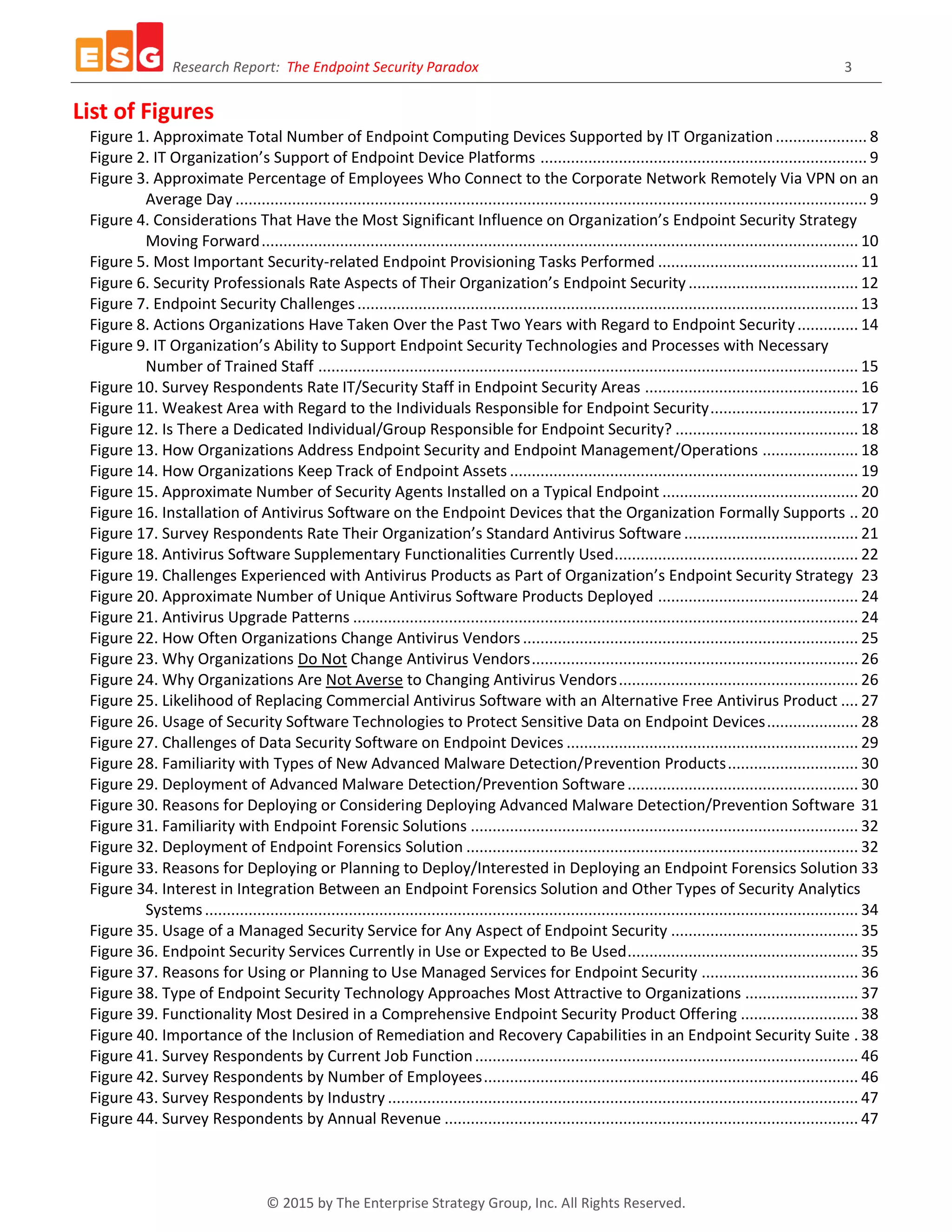 Research Report: The Endpoint Security Paradox 3
© 2015 by The Enterprise Strategy Group, Inc. All Rights Reserved.
List of Figures
Figure 1. Approximate Total Number of Endpoint Computing Devices Supported by IT Organization ..................... 8
Figure 2. IT Organization’s Support of Endpoint Device Platforms ........................................................................... 9
Figure 3. Approximate Percentage of Employees Who Connect to the Corporate Network Remotely Via VPN on an
Average Day ................................................................................................................................................. 9
Figure 4. Considerations That Have the Most Significant Influence on Organization’s Endpoint Security Strategy
Moving Forward......................................................................................................................................... 10
Figure 5. Most Important Security-related Endpoint Provisioning Tasks Performed .............................................. 11
Figure 6. Security Professionals Rate Aspects of Their Organization’s Endpoint Security ....................................... 12
Figure 7. Endpoint Security Challenges................................................................................................................... 13
Figure 8. Actions Organizations Have Taken Over the Past Two Years with Regard to Endpoint Security.............. 14
Figure 9. IT Organization’s Ability to Support Endpoint Security Technologies and Processes with Necessary
Number of Trained Staff ............................................................................................................................ 15
Figure 10. Survey Respondents Rate IT/Security Staff in Endpoint Security Areas ................................................. 16
Figure 11. Weakest Area with Regard to the Individuals Responsible for Endpoint Security.................................. 17
Figure 12. Is There a Dedicated Individual/Group Responsible for Endpoint Security? .......................................... 18
Figure 13. How Organizations Address Endpoint Security and Endpoint Management/Operations ...................... 18
Figure 14. How Organizations Keep Track of Endpoint Assets ................................................................................ 19
Figure 15. Approximate Number of Security Agents Installed on a Typical Endpoint ............................................. 20
Figure 16. Installation of Antivirus Software on the Endpoint Devices that the Organization Formally Supports .. 20
Figure 17. Survey Respondents Rate Their Organization’s Standard Antivirus Software........................................ 21
Figure 18. Antivirus Software Supplementary Functionalities Currently Used........................................................ 22
Figure 19. Challenges Experienced with Antivirus Products as Part of Organization’s Endpoint Security Strategy 23
Figure 20. Approximate Number of Unique Antivirus Software Products Deployed .............................................. 24
Figure 21. Antivirus Upgrade Patterns .................................................................................................................... 24
Figure 22. How Often Organizations Change Antivirus Vendors............................................................................. 25
Figure 23. Why Organizations Do Not Change Antivirus Vendors........................................................................... 26
Figure 24. Why Organizations Are Not Averse to Changing Antivirus Vendors....................................................... 26
Figure 25. Likelihood of Replacing Commercial Antivirus Software with an Alternative Free Antivirus Product .... 27
Figure 26. Usage of Security Software Technologies to Protect Sensitive Data on Endpoint Devices..................... 28
Figure 27. Challenges of Data Security Software on Endpoint Devices ................................................................... 29
Figure 28. Familiarity with Types of New Advanced Malware Detection/Prevention Products.............................. 30
Figure 29. Deployment of Advanced Malware Detection/Prevention Software..................................................... 30
Figure 30. Reasons for Deploying or Considering Deploying Advanced Malware Detection/Prevention Software 31
Figure 31. Familiarity with Endpoint Forensic Solutions ......................................................................................... 32
Figure 32. Deployment of Endpoint Forensics Solution .......................................................................................... 32
Figure 33. Reasons for Deploying or Planning to Deploy/Interested in Deploying an Endpoint Forensics Solution 33
Figure 34. Interest in Integration Between an Endpoint Forensics Solution and Other Types of Security Analytics
Systems...................................................................................................................................................... 34
Figure 35. Usage of a Managed Security Service for Any Aspect of Endpoint Security ........................................... 35
Figure 36. Endpoint Security Services Currently in Use or Expected to Be Used..................................................... 35
Figure 37. Reasons for Using or Planning to Use Managed Services for Endpoint Security .................................... 36
Figure 38. Type of Endpoint Security Technology Approaches Most Attractive to Organizations .......................... 37
Figure 39. Functionality Most Desired in a Comprehensive Endpoint Security Product Offering ........................... 38
Figure 40. Importance of the Inclusion of Remediation and Recovery Capabilities in an Endpoint Security Suite . 38
Figure 41. Survey Respondents by Current Job Function........................................................................................ 46
Figure 42. Survey Respondents by Number of Employees...................................................................................... 46
Figure 43. Survey Respondents by Industry ............................................................................................................ 47
Figure 44. Survey Respondents by Annual Revenue ............................................................................................... 47
 