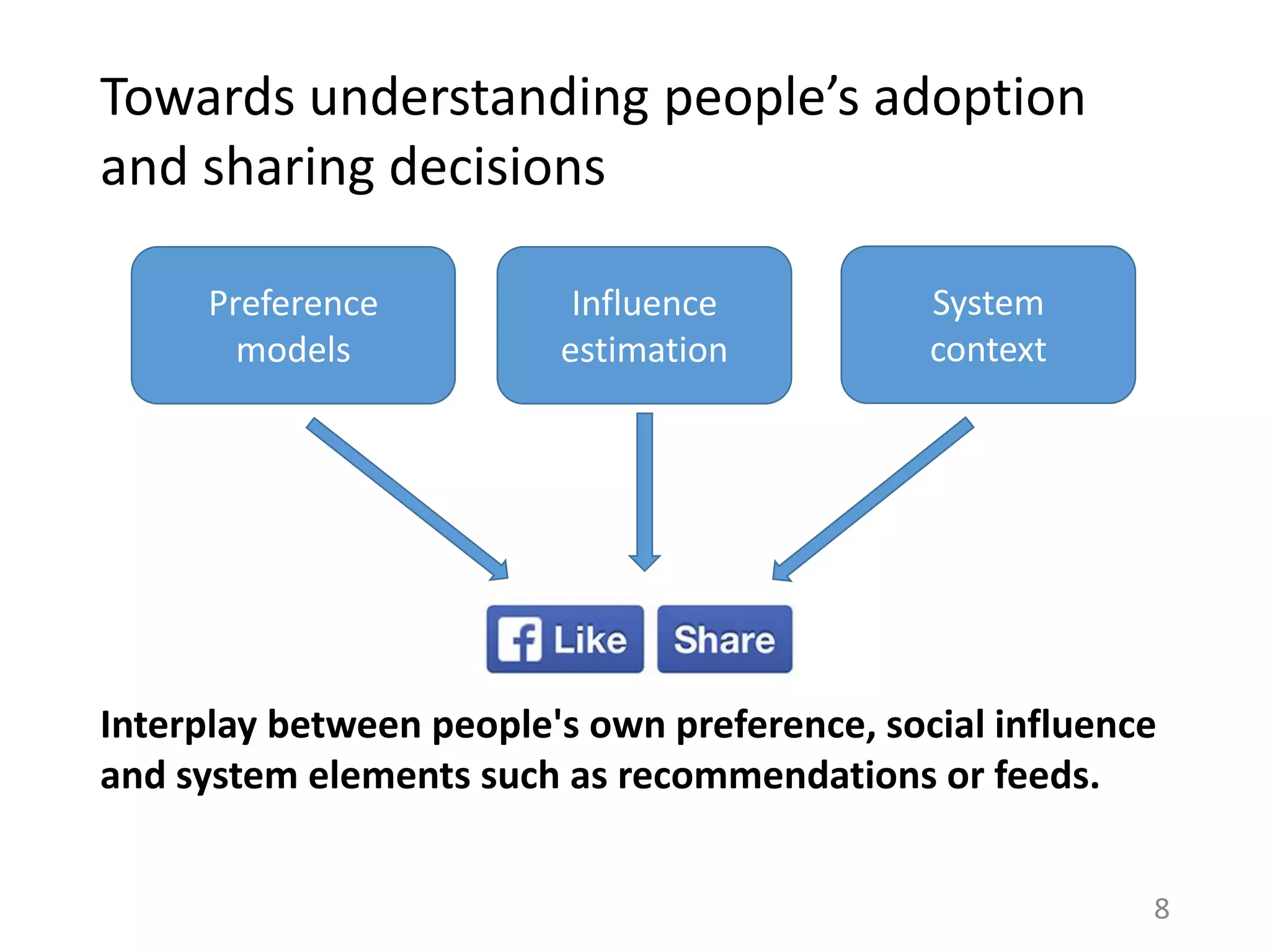 Towards understanding people’s adoption
and sharing decisions
8
Interplay between people's own preference, social influence
and system elements such as recommendations or feeds.
Preference
models
Influence
estimation
System
context
 