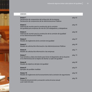 Aclarando algunas dudas sobre planes de igualdad   61




ANEXOS								

Anexo 1								                                                                pág. 62
Declaración de compromiso de la dirección de la empresa
Declaración de compromiso de las Administraciones Públicas

Anexo 2								                                                                pág. 65
Solicitud de reunión para la constitución de la comisión
de igualdad para empresas de más de 250 trabajadores y trabajadoras

Anexo 3								                                                                pág. 66
Solicitud de reunión para la constitución de la comisión de igualdad
en las Administraciones Públicas

Anexo 4								                                                                pág. 67
Modelo de reglamento de la comisión de igualdad	

Anexo 5								                                                                pág. 69
Modelo de solicitud de información a las Administraciones Públicas

Anexo 6								                                                                pág. 71
Modelo de solicitud de información a las empresas

Anexo 7								                                                                pág. 72
Guía temática y datos de interés para iniciar el diagnóstico de la situación
en la Administracción al objeto de diseñar un plan de igualdad

Anexo 8								                                                                pág. 80
Modelo de objetivos del plan de igualdad

Anexo 9								                                                                pág. 81
Ejemplos de posibles medidas

Anexo 10								                                                               pág. 92
Modelo de reglamento de funcionamiento de la comisión de seguimiento

Anexo 11								                                                               pág. 95
Protocolo de prevención y actuación contra el acoso sexual
y por razón de sexo
 