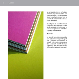 68   ANEXOS




              La toma de decisiones se hará por
              acuerdo conjunto de ambas par-
              tes, empresarial y social, requirién-
              dose, en cualquier caso, el voto fa-
              vorable de la mayoría de cada una
              de las dos partes.

              Se reflejarán los acuerdos alcanza-
              dos en el acta de la reunión. En caso
              de desacuerdo, se hará constar en
              la misma las posiciones defendidas
              por cada representación.

              Cometido

              La labor de la comisión de igualdad
              será la de elaborar el plan de igual-
              dad y, para ello, ésta dispondrá de
              toda la información necesaria so-
              bre datos de la plantilla desagre-
              gados por sexo, así como toda la
              información cualitativa necesaria.
 