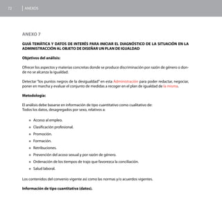 72    ANEXOS




     ANEXO 7

     GUIÁ TEMÁTICA Y DATOS DE INTERÉS PARA INICIAR EL DIAGNÓSTICO DE LA SITUACIÓN EN LA
     ADMINISTRACCIÓN AL OBJETO DE DISEÑAR UN PLAN DE IGUALDAD

     Objetivos del análisis:

     Ofrecer los aspectos y materias concretas donde se produce discriminación por razón de género o don-
     de no se alcanza la igualdad.

     Detectar “los puntos negros de la desigualdad” en esta Administración para poder redactar, negociar,
     poner en marcha y evaluar el conjunto de medidas a recoger en el plan de igualdad de la misma.

     Metodología:

     El análisis debe basarse en información de tipo cuantitativo como cualitativo de:
     Todos los datos, desagregados por sexo, relativos a:

         „„Acceso   al empleo.
         „„Clasificación   profesional.
         „„Promoción.

         „„Formación.

         „„Retribuciones.

         „„Prevención    del acoso sexual y por razón de género.
         „„Ordenación    de los tiempos de trajo que favorezca la conciliación.
         „„Salud   laboral.

     Los contenidos del convenio vigente así como las normas y/o acuerdos vigentes.

     Información de tipo cuantitativa (datos).
 
