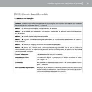 Aclarando algunas dudas sobre planes de igualdad         81




ANEXO 9. Ejemplos de posibles medidas

1. Área de acceso al empleo

 Objetivo 1: garantizar que las convocatorias de ingreso y los procesos de contratación no contienen
 elementos de discriminación directa e indirecta.
 Medida 1.1: revisar estos procesos con perspectiva de género.
 Medida 1.2: establecer procedimientos escritos para la selección de personal insertando la perspec-
 tiva de género.
 Medida 1.3: crear la figura de agente de igualdad.
 Medida 1.4: lograr la paridad entre mujeres y hombres en los tribunales de exámenes de convoca-
 torias externas.
 Medida 1.5: utilizar un lenguaje no sexista en las ofertas de empleo.
 Medida 1.6: remitir una comunicación a todas las empresas y entidades con las que se contrata o
 subcontrata los procesos de selección de personal el principio de igualdad de género con el que está
 comprometida la empresa.
 Órgano encargado                 Departamento de Recursos Humanos.
 Plazo de aplicación              Durante todo el plan. El primer años se deberá acometer las medi-
                                  das 1.2 y la 1.6.
 Evaluación                       Anualmente se elaborará una estadística de contrataciones de mu-
                                  jeres y hombres.
 Indicador de cumplimiento        Respecto de las medidas cualitativas, verificación de su ejecución y
                                  respecto de las cuantitativas, constatar con la estadística de evalua-
                                  ción el incremento de mujeres en plantilla.
 