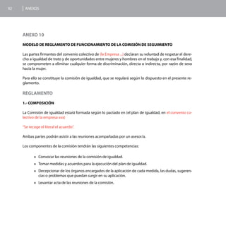 92    ANEXOS




     ANEXO 10

     MODELO DE REGLAMENTO DE FUNCIONAMIENTO DE LA COMISIÓN DE SEGUIMIENTO

     Las partes firmantes del convenio colectivo de (la Empresa ...) declaran su voluntad de respetar el dere-
     cho a igualdad de trato y de oportunidades entre mujeres y hombres en el trabajo y, con esa finalidad,
     se comprometen a eliminar cualquier forma de discriminación, directa o indirecta, por razón de sexo
     hacia la mujer.

     Para ello se constituye la comisión de igualdad, que se regulará según lo dispuesto en el presente re-
     glamento.

     REGLAMENTO

     1.- COMPOSICIÓN

     La Comisión de igualdad estará formada según lo pactado en (el plan de igualdad, en el convenio co-
     lectivo de la empresa xxx)

     “Se recoge el literal el acuerdo”.

     Ambas partes podrán asistir a las reuniones acompañadas por un asesor/a.

     Los componentes de la comisión tendrán las siguientes competencias:

            „„Convocar    las reuniones de la comisión de igualdad.
            „„Tomar   medidas y acuerdos para la ejecución del plan de igualdad.
            „„Decepcionar   de los órganos encargados de la aplicación de cada medida, las dudas, sugeren-
               cias o problemas que puedan surgir en su aplicación.
            „„Levantar   acta de las reuniones de la comisión.
 
