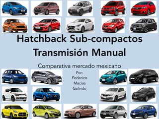 Hatchback Sub-compactos
Transmisión Manual
Comparativa mercado mexicano
Por:
Federico
Macias
Galindo
 