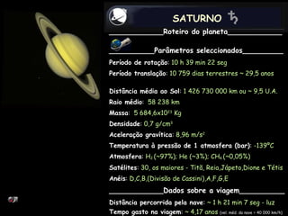 SATURNO ____________Roteiro do planeta____________   __________Parâmetros seleccionados_________ Período de rotação :  10 h 39 min 22 seg Período translação :  10 759 dias terrestres ~ 29,5 anos   Distância média ao Sol :  1 426 730 000 km ou ~ 9,5 U.A.   Raio médio :  58 238 km Massa :  5 684,6x10 23  Kg Densidade :  0,7 g/cm 3 Aceleração gravítica :  8,96 m/s 2 Temperatura à pressão de 1 atmosfera (bar) :  -139ºC  Atmosfera :  H 2  (~97%); He (~3%); CH 4  (~0,05%) Satélites :  30, os maiores - Titã, Reia,Jápeto,Dione e Tétis  Anéis :  D,C,B,(Divisão de Cassini),A,F,G,E ____________Dados sobre a viagem__________ Distância percorrida pela nave :  ~ 1 h 21 min 7 seg - luz Tempo gasto na viagem :  ~ 4,17 anos   (vel. méd. da nave = 40 000 km/h) 