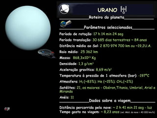 URANO ____________Roteiro do planeta____________ __________Parâmetros seleccionados_________ Período de rotação :  17 h 14 min 24 seg Período translação :  30 685 dias terrestres ~ 84 anos Distância média ao Sol :  2 870 974 700 km ou ~19,2U.A.   Raio médio :  25 362 km Massa :  868,3x10 23  Kg Densidade :  1,3 g/cm 3 Aceleração gravítica :  8,69 m/s 2 Temperatura à pressão de 1 atmosfera (bar) :  -197ºC  Atmosfera :  H 2  (~83%); He (~15%); CH 4  (~2%) Satélites :  21, os maiores - Obéron,Titania, Umbriel, Ariel e Miranda Anéis : 11 ____________Dados sobre a viagem__________ Distância percorrida pela nave :  ~ 2 h 41 min 21 seg - luz Tempo gasto na viagem :  ~ 8,23 anos   (vel. Méd. da nave = 40 000 km/h) 