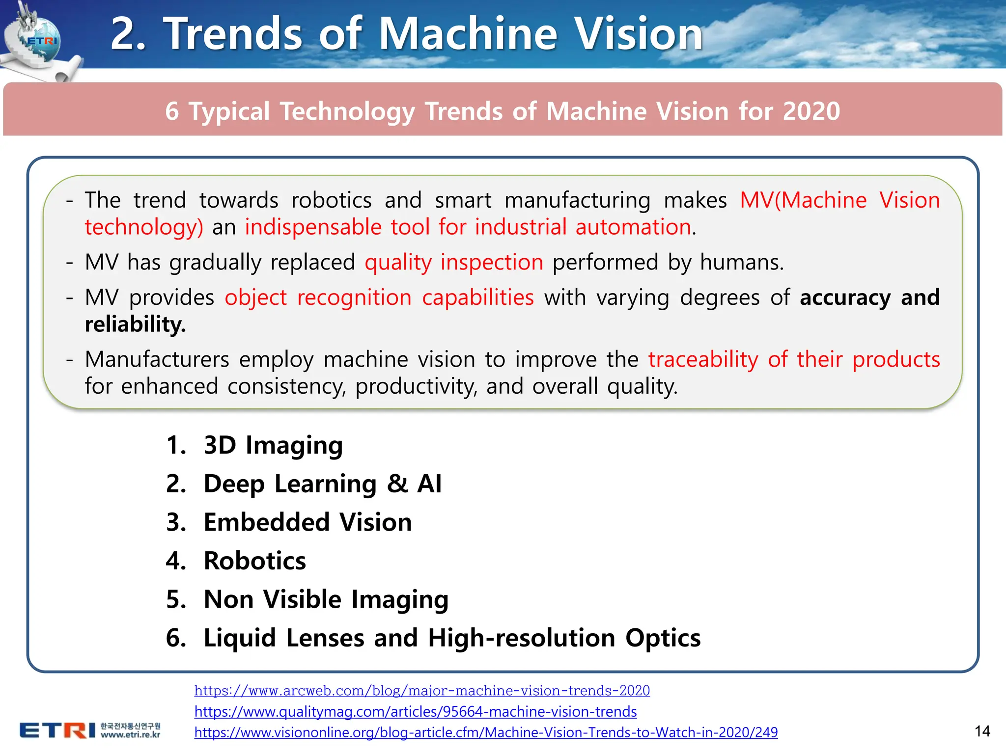14
6 Typical Technology Trends of Machine Vision for 2020
2. Trends of Machine Vision
- The trend towards robotics and smart manufacturing makes MV(Machine Vision
technology) an indispensable tool for industrial automation.
- MV has gradually replaced quality inspection performed by humans.
- MV provides object recognition capabilities with varying degrees of accuracy and
reliability.
- Manufacturers employ machine vision to improve the traceability of their products
for enhanced consistency, productivity, and overall quality.
https://www.arcweb.com/blog/major-machine-vision-trends-2020
https://www.qualitymag.com/articles/95664-machine-vision-trends
https://www.visiononline.org/blog-article.cfm/Machine-Vision-Trends-to-Watch-in-2020/249
1. 3D Imaging
2. Deep Learning & AI
3. Embedded Vision
4. Robotics
5. Non Visible Imaging
6. Liquid Lenses and High-resolution Optics
 