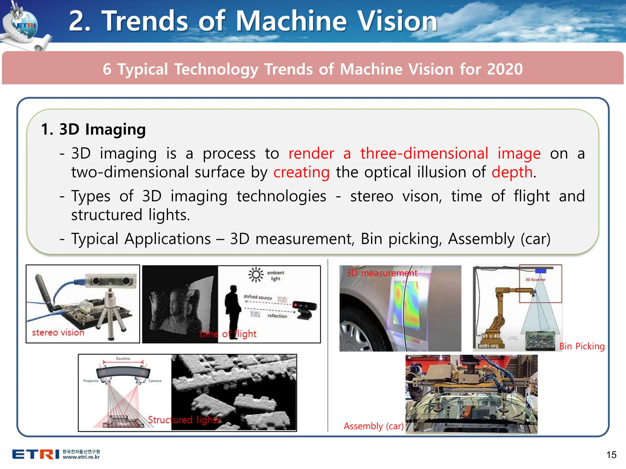 15
6 Typical Technology Trends of Machine Vision for 2020
2. Trends of Machine Vision
1. 3D Imaging
- 3D imaging is a process to render a three-dimensional image on a
two-dimensional surface by creating the optical illusion of depth.
- Types of 3D imaging technologies - stereo vison, time of flight and
structured lights.
- Typical Applications – 3D measurement, Bin picking, Assembly (car)
3D measurement
Bin Picking
Assembly (car)
 