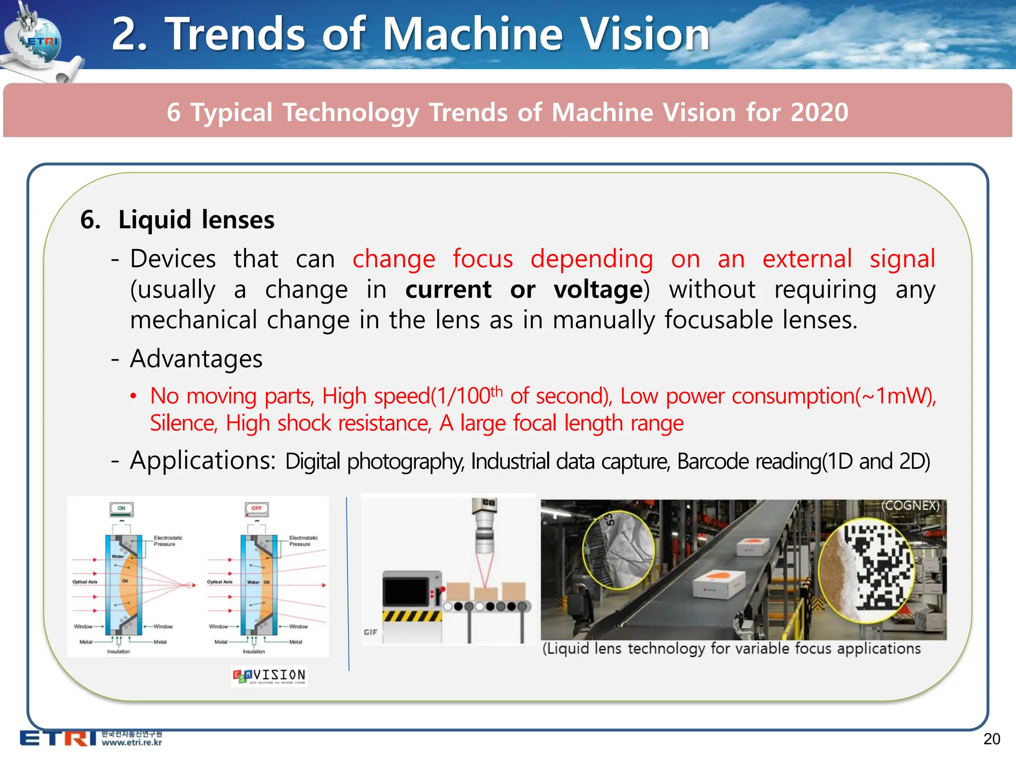 20
6 Typical Technology Trends of Machine Vision for 2020
2. Trends of Machine Vision
6. Liquid lenses
- Devices that can change focus depending on an external signal
(usually a change in current or voltage) without requiring any
mechanical change in the lens as in manually focusable lenses.
- Advantages
• No moving parts, High speed(1/100th of second), Low power consumption(~1mW),
Silence, High shock resistance, A large focal length range
- Applications: Digital photography, Industrial data capture, Barcode reading(1D and 2D)
 