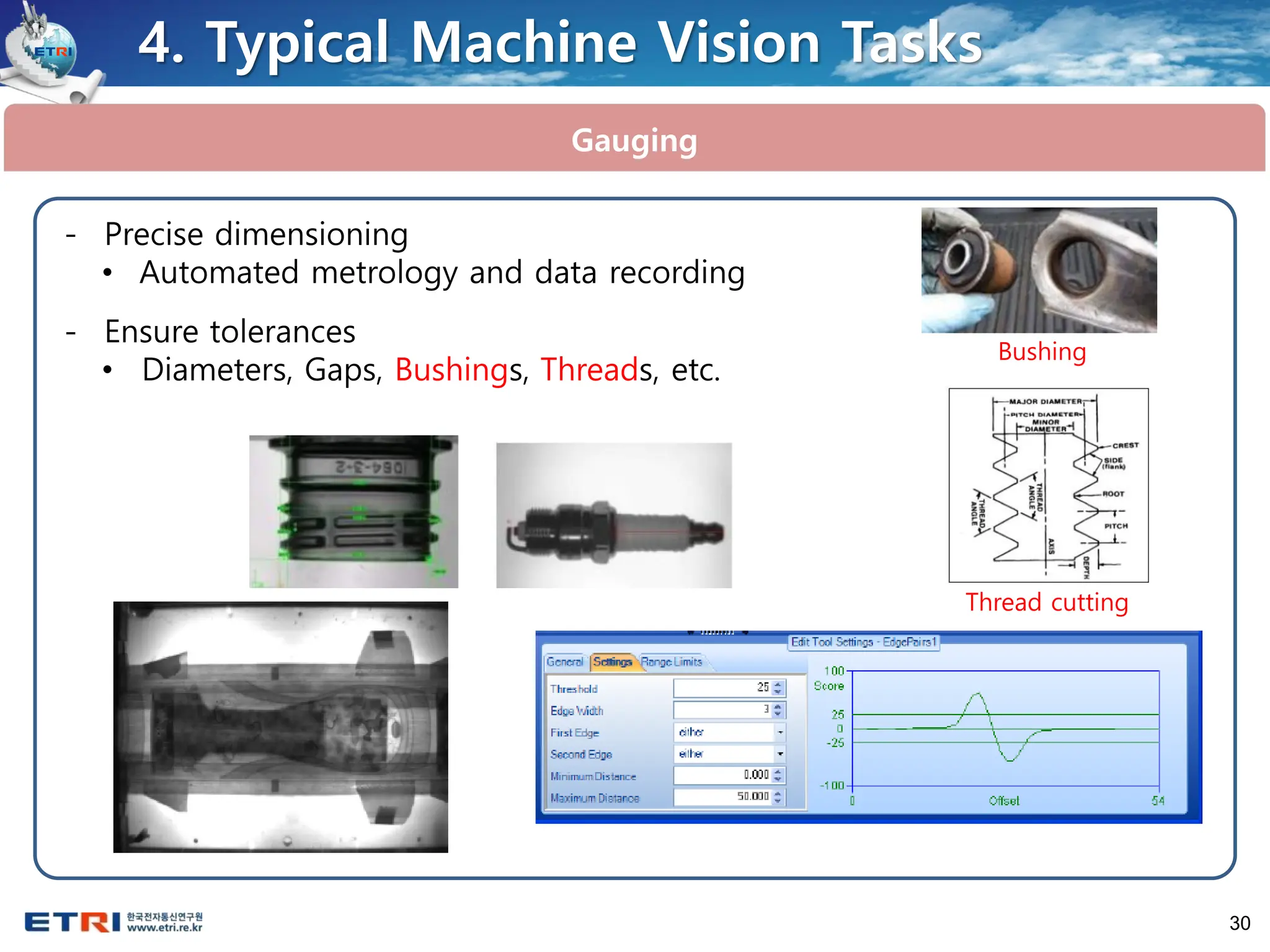 30
Gauging
4. Typical Machine Vision Tasks
- Precise dimensioning
• Automated metrology and data recording
- Ensure tolerances
• Diameters, Gaps, Bushings, Threads, etc.
Bushing
Thread cutting
 