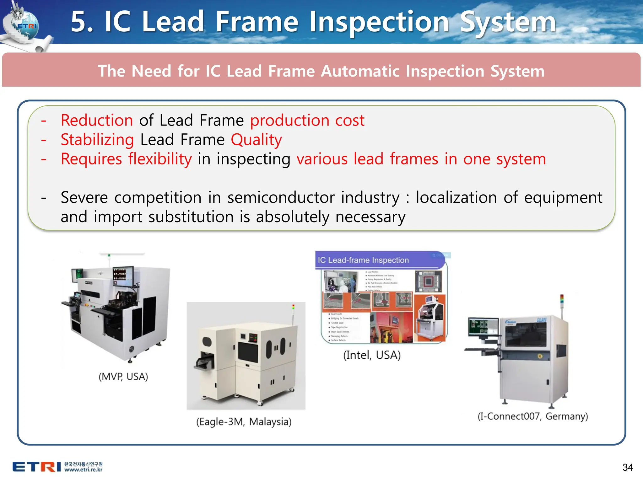 34
5. IC Lead Frame Inspection System
The Need for IC Lead Frame Automatic Inspection System
- Reduction of Lead Frame production cost
- Stabilizing Lead Frame Quality
- Requires flexibility in inspecting various lead frames in one system
- Severe competition in semiconductor industry : localization of equipment
and import substitution is absolutely necessary
 
