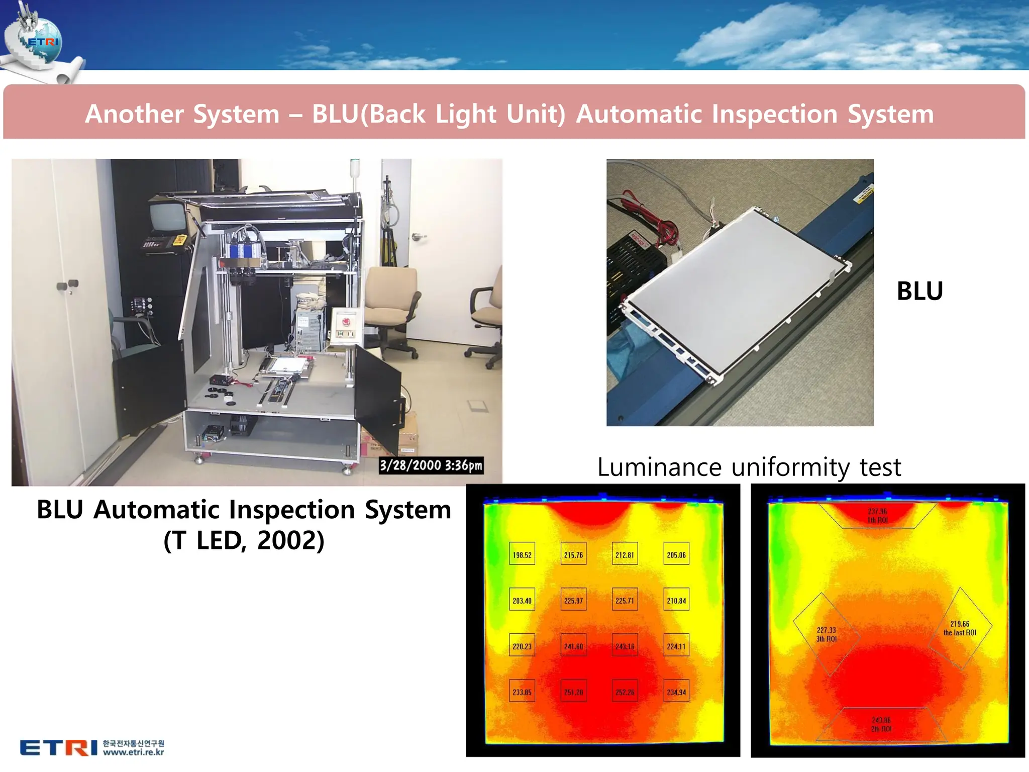42
Another System – BLU(Back Light Unit) Automatic Inspection System
BLU Automatic Inspection System
(T LED, 2002)
BLU
Luminance uniformity test
 