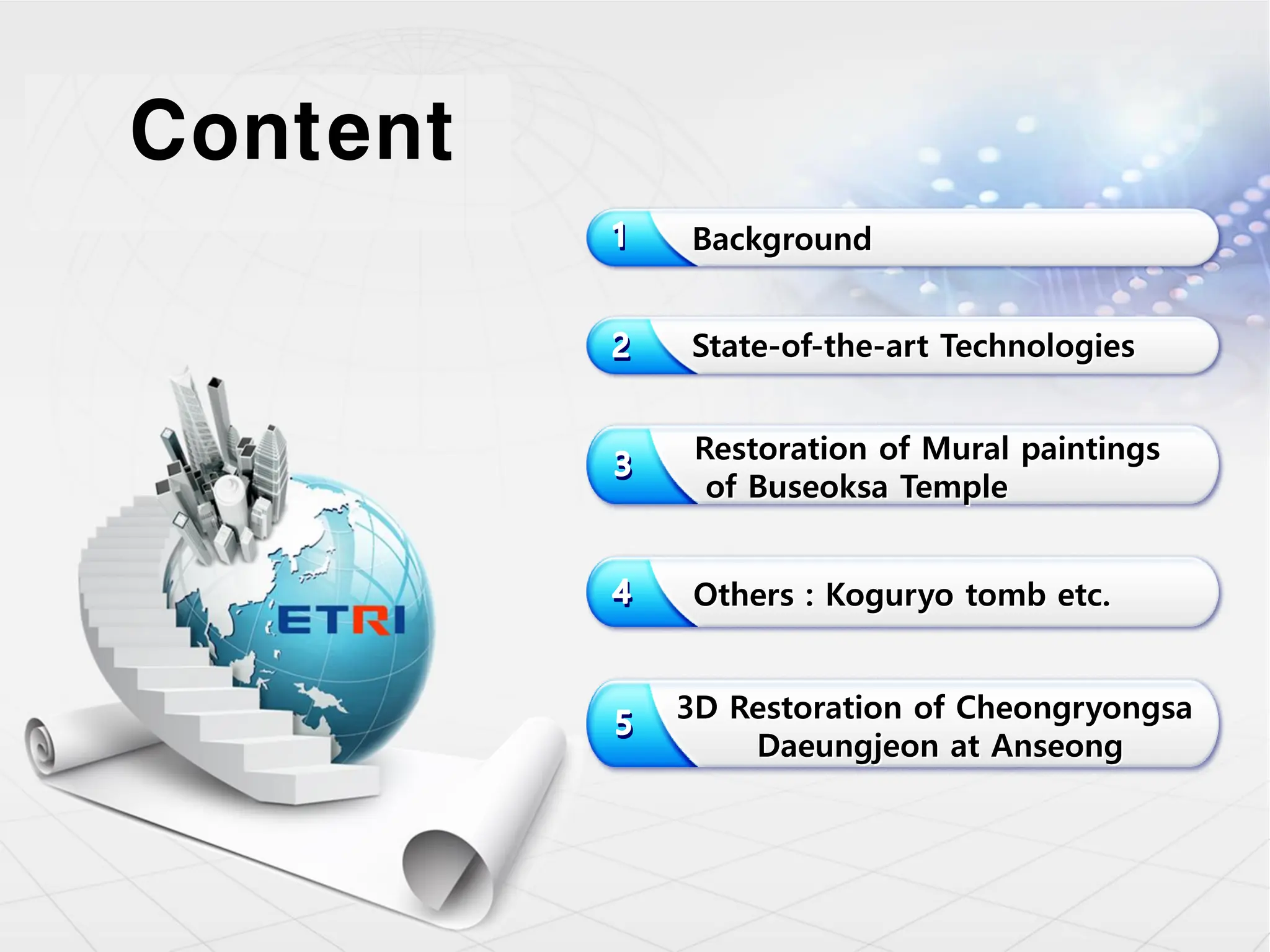 Background
State-of-the-art Technologies
Content
Restoration of Mural paintings
of Buseoksa Temple
Others : Koguryo tomb etc.
3D Restoration of Cheongryongsa
Daeungjeon at Anseong
 
