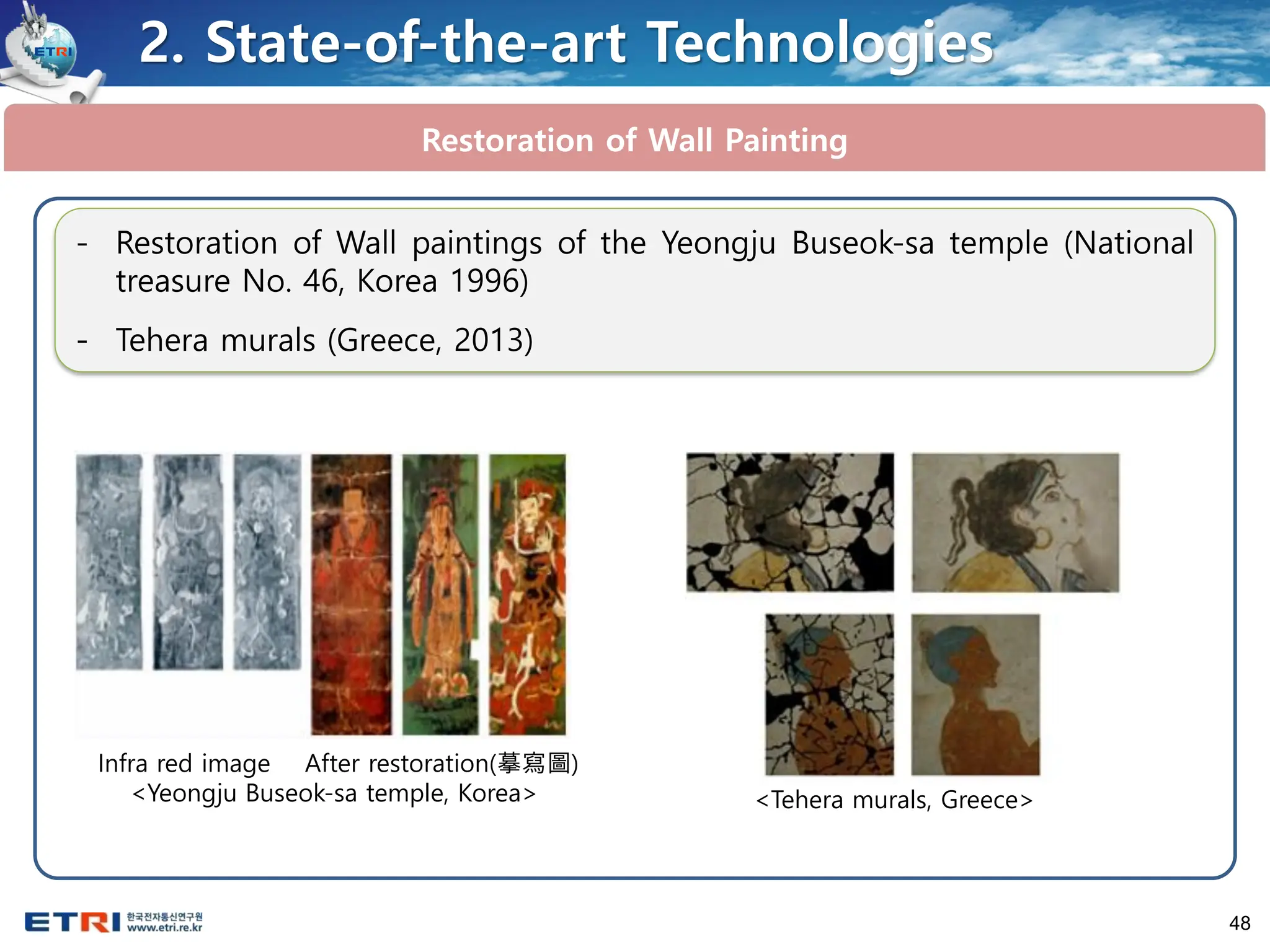 48
2. State-of-the-art Technologies
Restoration of Wall Painting
- Restoration of Wall paintings of the Yeongju Buseok-sa temple (National
treasure No. 46, Korea 1996)
- Tehera murals (Greece, 2013)
Infra red image After restoration(摹寫圖)
<Yeongju Buseok-sa temple, Korea> <Tehera murals, Greece>
 