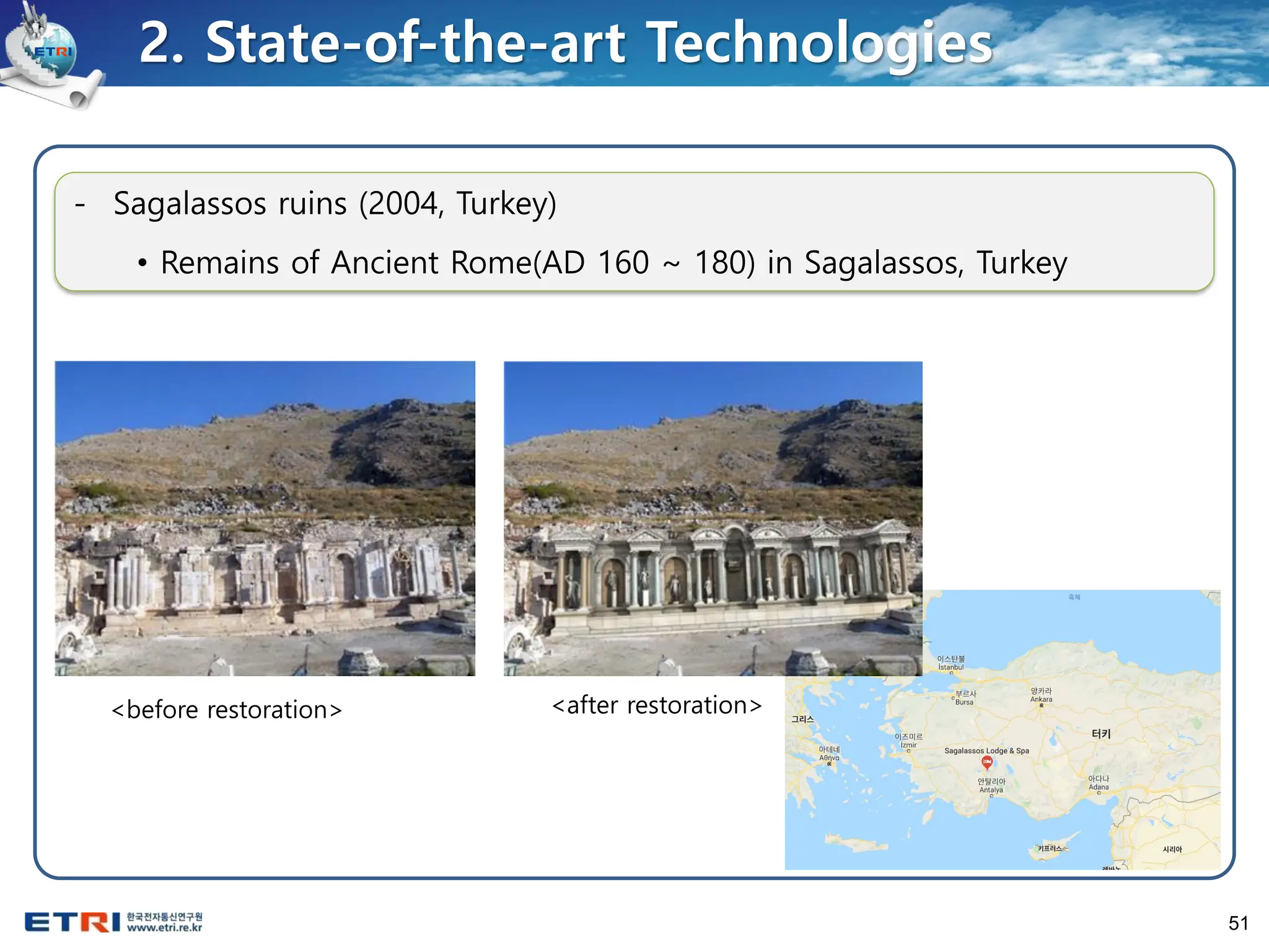 51
- Sagalassos ruins (2004, Turkey)
• Remains of Ancient Rome(AD 160 ~ 180) in Sagalassos, Turkey
<before restoration> <after restoration>
2. State-of-the-art Technologies
 