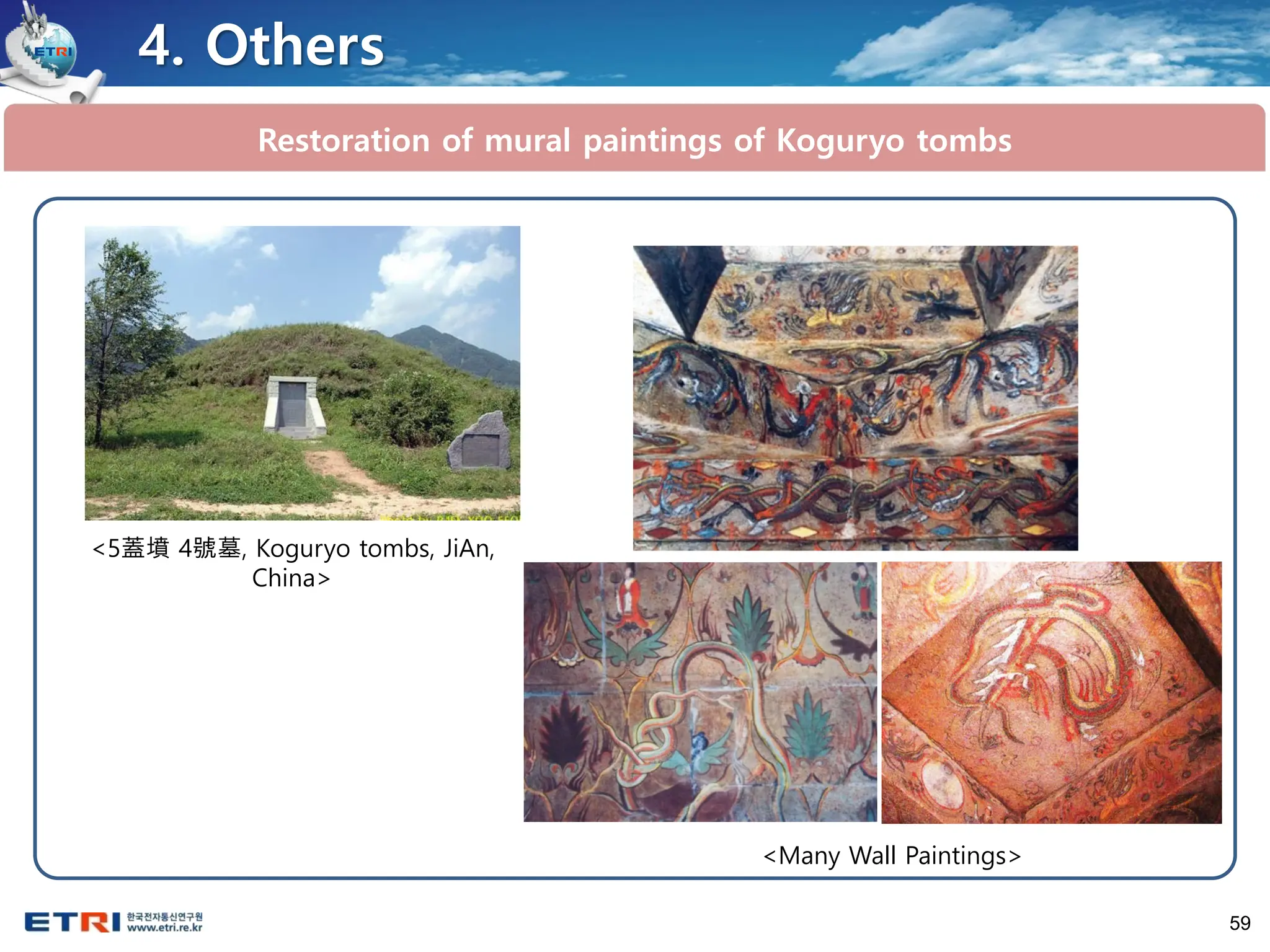 59
4. Others
Restoration of mural paintings of Koguryo tombs
<5蓋墳 4號墓, Koguryo tombs, JiAn,
China>
<Many Wall Paintings>
 