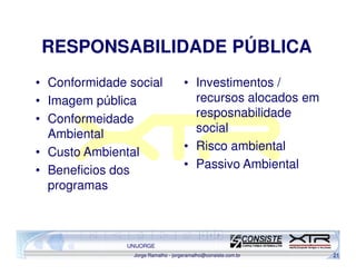 RESPONSABILIDADE PÚBLICA
• Conformidade social               • Investimentos /
• Imagem pública                      recursos alocados em
• Conformeidade                       resposnabilidade
  Ambiental                           social
• Custo Ambiental                   • Risco ambiental
• Beneficios dos                    • Passivo Ambiental
  programas



               UNIJORGE
                Jorge Ramalho - jorgeramalho@consiste.com.br   21
 