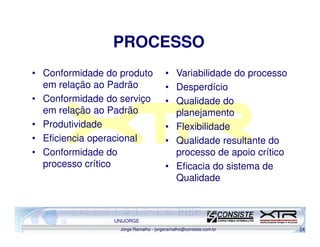 PROCESSO
• Conformidade do produto             • Variabilidade do processo
  em relação ao Padrão                • Desperdício
• Conformidade do serviço             • Qualidade do
  em relação ao Padrão                  planejamento
• Produtividade                       • Flexibilidade
• Eficiencia operacional              • Qualidade resultante do
• Conformidade do                       processo de apoio crítico
  processo crítico                    • Eficacia do sistema de
                                        Qualidade



                UNIJORGE
                  Jorge Ramalho - jorgeramalho@consiste.com.br      24
 