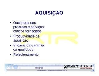 AQUISIÇÃO
• Qualidade dos
  produtos e serviços
  críticos fornecidos
• Produtividade de
  aquisição
• Eficácia da garantia
  da qualidade
• Relacionamento


                UNIJORGE
                 Jorge Ramalho - jorgeramalho@consiste.com.br   26
 