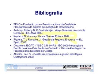 Bibliografia

• FPNQ – Fundação para o Premio nacional da Qualidade.
  Planejamento do sistema de medição do Desempenho.
• Anthony, Roberty N. E Govindarajan, Vijay– Sistemas de controle
  Gerencial –Ed. Atlas 2002.
• Kaplan e Norton na prática – Elsevier Editora 2004
• Figuera, T. e Ramalho, J. Gestão da Pequena Empresa –– Ed.
  Epse, 2002.
• Document: ISO/TC 176/SC 2/N 544R2 - ISO 9000 Introdução e
  Pacote de Apoio:Orientação no Conceito e Uso da Abordagem de
  Processo para Sistemas de Gestão.
• Almeida, Léo G. - Gestão de processos e a gestão estratégica,
  Qualitymark, 2003.



                     UNIJORGE
                       Jorge Ramalho - jorgeramalho@consiste.com.br   29
 