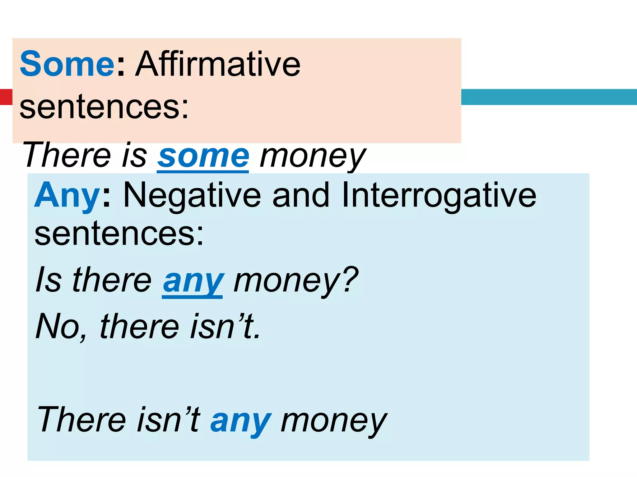 Some: Affirmative
sentences:
There is some money
Any: Negative and Interrogative
sentences:
Is there any money?
No, there isn’t.
There isn’t any money
 