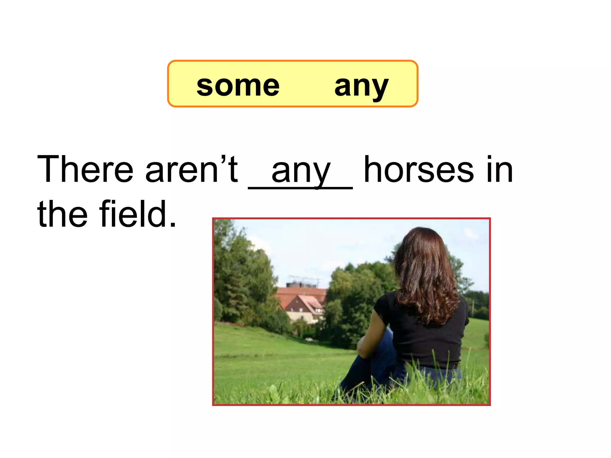 There aren’t _____ horses in
the field.
any
7-8 Let’s Practice
some any
 