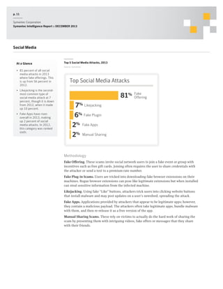 p. 11
Symantec Corporation
Symantec Intelligence Report :: DECEMBER 2013

Social Media

At a Glance

Top 5 Social Media Attacks, 2013
Source: Symantec

•	 81 percent of all social
media attacks in 2013
where fake offerings. This
is up from 56 percent in
2012.
•	 Likejacking is the secondmost common type of
social media attack at 7
percent, though it is down
from 2012, when it made
up 10 percent.
•	 Fake Apps have risen
overall in 2013, making
up 2 percent of social
media attacks. In 2012,
this category was ranked
sixth.

Top Social Media Attacks

81%

Fake
Offering

7% Likejacking
6% Fake Plugin
2% Fake Apps
2% Manual Sharing
Methodology
Fake Offering. These scams invite social network users to join a fake event or group with
incentives such as free gift cards. Joining often requires the user to share credentials with
the attacker or send a text to a premium rate number.
Fake Plug-in Scams. Users are tricked into downloading fake browser extensions on their
machines. Rogue browser extensions can pose like legitimate extensions but when installed
can steal sensitive information from the infected machine.
Likejacking. Using fake “Like” buttons, attackers trick users into clicking website buttons
that install malware and may post updates on a user’s newsfeed, spreading the attack.
Fake Apps. Applications provided by attackers that appear to be legitimate apps; however,
they contain a malicious payload. The attackers often take legitimate apps, bundle malware
with them, and then re-release it as a free version of the app.
Manual Sharing Scams. These rely on victims to actually do the hard work of sharing the
scam by presenting them with intriguing videos, fake offers or messages that they share
with their friends.

 