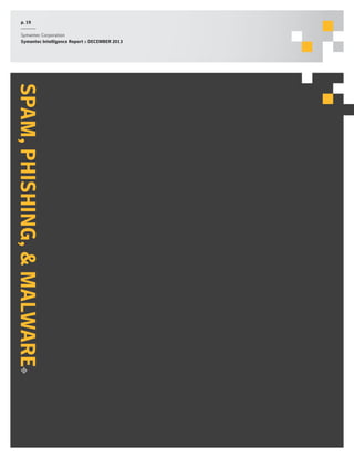 p. 19
Symantec Corporation
Symantec Intelligence Report :: DECEMBER 2013

SPAM, PHISHING, & MALWARE

 