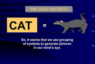Bits, Bytes and ASCII So, it seems that we use grouping of symbols to generate pictures in our mind’s eye. CAT   = 