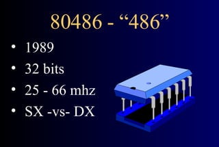 80486 - “486” 1989 32 bits  25 - 66 mhz  SX -vs- DX  