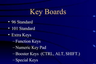 Key Boards 96 Standard 101 Standard Extra Keys Function Keys Numeric Key Pad Booster Keys  (CTRL, ALT, SHIFT.) Special Keys 