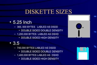 DISKETTE SIZES 5.25 Inch 360, 000 BYTES  LABLED AS DSDD DOUBLE SIDED DOUBLE DENSITY 1,200,000 BYTES  LABLED AS DSHD DOUBLE SIDED HIGH DENSITY 3.5 740,000 BYTES LABLED AS DSDD DOUBLE SIDED DOUBLE DENSITY 1,400,000 BYTES LABLED AS  DSHD DOUBLE SIDED HIGH DENSITY 