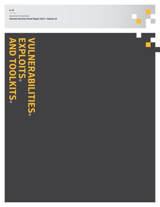 p. 23
Symantec Corporation
Internet Security Threat Report 2013 :: Volume 18

V
ex
and
ulner ab
ploits
toolk its
ilities

 