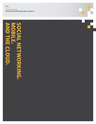 p. 31
Symantec Corporation
Internet Security Threat Report 2013 :: Volume 18

S ocial
mob ile
and the
network in g

clou d

 