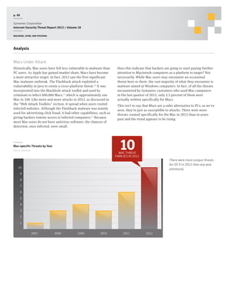 p. 49
Symantec Corporation
Internet Security Threat Report 2013 :: Volume 18
Malware, spam, and phishing

Analysis
Macs Under Attack
Historically, Mac users have felt less vulnerable to malware than
PC users. As Apple has gained market share, Macs have become
a more attractive target. In fact, 2012 saw the first significant
Mac malware outbreak. The Flashback attack exploited a
vulnerability in Java to create a cross-platform threat.30 It was
incorporated into the Blackhole attack toolkit and used by
criminals to infect 600,000 Macs,31 which is approximately one
Mac in 100. Like more and more attacks in 2012, as discussed in
the “Web Attack Toolkits” section, it spread when users visited
infected websites. Although the Flashback malware was mainly
used for advertising click fraud, it had other capabilities, such as
giving hackers remote access to infected computers.32 Because
most Mac users do not have antivirus software, the chances of
detection, once infected, were small.

Does this indicate that hackers are going to start paying further
attention to Macintosh computers as a platform to target? Not
necessarily. While Mac users may encounter an occasional
threat here or there, the vast majority of what they encounter is
malware aimed at Windows computers. In fact, of all the threats
encountered by Symantec customers who used Mac computers
in the last quarter of 2012, only 2.5 percent of them were
actually written specifically for Macs.
This isn’t to say that Macs are a safer alternative to PCs; as we’ve
seen, they’re just as susceptible to attacks. There were more
threats created specifically for the Mac in 2012 than in years
past and the trend appears to be rising.

10

Mac-specific Threats by Year
Source: Symantec

MAC THREAT
FAMILIES IN 2012

There were more unique threats
for OS X in 2012 than any year
previously.

10
9
8
7
6
5
4
3
2
1
2007

2008

2009

2010

2011

2012

 