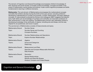 •	 May •	 DRAFT 6:37 PM 2012
                                                                                                              11, 2012 May 11,
    The domain of Cognition and General Knowledge encompasses children’s knowledge of
    their physical and social worlds. It includes content knowledge, concepts and skills in the
    areas of mathematics, social studies and science. It also covers cognitive processes and skills
    fundamental to learning in different domains. 	
    	
    Mathematics. The sub-domain of Mathematics encompasses the mathematical concepts
    and skills that children develop during the birth-to-five-year period, including children’s
    developing understanding of number and quantity, number relationships, and basic algebraic
    concepts. A meta-analysis conducted by Duncan and colleagues (2007) suggests that specific
    early math skills such as knowledge of numbers and ordinality are important predictors of
    later achievement in math and reading. The Mathematics domain also addresses children’s
    developing knowledge of key attributes of objects, including size and shape, and the way
    objects fit, are positioned, and move in space.
    The sub-domain of Mathematics consists of these strands and topics.
    Mathematics Strand: 	    Number Sense
    Topic:   	               Number Sense and Counting
                	            Compare Numbers

    Mathematics Strand: 	    Number Relationships and Operations                                                                1
    Topic:   	               Explore Number Relationships

    Mathematics Strand: 	    Algebra
    Topics:  	               Group and Categorize
            	                Patterning

    Mathematics Strand: 	    Measurement and Data
    Topics:    	             Describe and Compare Measurable Attributes
                   	         Data Analysis

    Mathematics Strand: 	    Geometry
    Topics:     	            Spatial Relationships
                    	        Identify and Describe Shapes
                    	        Analyze, Compare and Create Shapes



                                                icon 	
Cognition and General Knowledge                 here
 