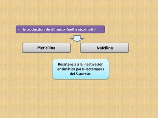 • Introduccion de dimetoxifenil y etoxinaftil
Meticilina
Resistencia a la inactivación
enzimática por B-lactamasas
del S. aureus.
Nafcilina
 
