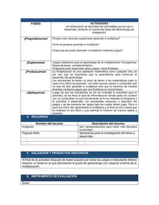 FASES ACTIVIDADES
(A continuación se describen las actividades que se van a
desarrollar, teniendo en cuenta las fases del Aprendizaje por
Indagación).
¡Preguntémonos! Porque a los niños les cuesta tanto aprender a multiplicar?
Como te gustaría aprender a multiplicar?
Crees que se puede aprender a multiplicar mediante juegos?
¡Exploremos! Juegos didácticos para el aprendizaje de la multiplicación: Crucigramas,
Sopas de letras, complementación,
Programas para desarrollar estos juegos: Johot Potatoes.
¡Produzcamos! La multiplicación es una operación matemática como cualquier otra, es
por eso que es importante que la aprendamos para continuar el
desarrollo del aprendizaje.
Los estudiantes le tienen un poco de temor a las matemáticas pues la
creen muy difícil de aprender, con este recurso vamos a comprobar que
no solo es fácil aprender a multiplicar sino que lo haremos de manera
divertida mediante juegos que nos facilitaran el conocimiento.
¡Apliquemos! Luego de que los estudiantes se los ha motivado lo suficiente para la
actividad, se los lleva al aula de informática en donde cada uno contara
con un computador al cual previamente se le ha instalado el programa y
la actividad a desarrollar, los estudiantes empiezan a descubrir los
juegos y se les presenta las reglas bajo las cuales deben jugar, Poco a
poco los niños van aprendiendo a multiplicar y al final se dan cuenta que
en realidad no era difícil y que además lo hicieron de manera rápida y
divertida.
4. RECURSOS
Nombre del recurso Descripción del recurso
Imágenes. Son representaciones para hacer más llamativa
la actividad
Paginas Web. Necesarias para la investigación del tema a
desarrollar.
- -
- -
5. EALUACIÓN Y PRODUCTOS ASOCIADOS
Al final de la actividad después de haber pasado por todos los juegos el estudiante deberá
resolver un Quist en el que demostrara el grado de aprendizaje con respecto al tema de la
multiplicación.
6. INSTRUMENTO DE EVALUACIÓN
Quist.
 