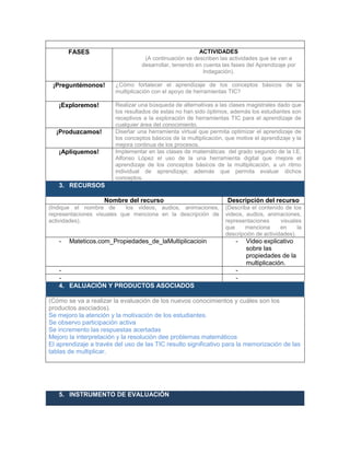 FASES ACTIVIDADES
(A continuación se describen las actividades que se van a
desarrollar, teniendo en cuenta las fases del Aprendizaje por
Indagación).
¡Preguntémonos! ¿Cómo fortalecer el aprendizaje de los conceptos básicos de la
multiplicación con el apoyo de herramientas TIC?
¡Exploremos! Realizar una búsqueda de alternativas a las clases magistrales dado que
los resultados de estas no han sido óptimos, además los estudiantes son
receptivos a la exploración de herramientas TIC para el aprendizaje de
cualquier área del conocimiento.
¡Produzcamos! Diseñar una herramienta virtual que permita optimizar el aprendizaje de
los conceptos básicos de la multiplicación, que motive el aprendizaje y la
mejora continua de los procesos.
¡Apliquemos! Implementar en las clases de matemáticas del grado segundo de la I.E.
Alfonso López el uso de la una herramienta digital que mejore el
aprendizaje de los conceptos básicos de la multiplicación, a un ritmo
individual de aprendizaje; además que permita evaluar dichos
conceptos.
3. RECURSOS
Nombre del recurso Descripción del recurso
(Indique el nombre de los videos, audios, animaciones,
representaciones visuales que menciona en la descripción de
actividades).
(Describa el contenido de los
videos, audios, animaciones,
representaciones visuales
que menciona en la
descripción de actividades).
- Mateticos.com_Propiedades_de_laMultiplicacioin - Video explicativo
sobre las
propiedades de la
multiplicación.
- -
- -
4. EALUACIÓN Y PRODUCTOS ASOCIADOS
(Cómo se va a realizar la evaluación de los nuevos conocimientos y cuáles son los
productos asociados).
Se mejoro la atención y la motivación de los estudiantes.
Se observo participación activa
Se incremento las respuestas acertadas
Mejoro la interpretación y la resolución dee problemas matemáticos
El aprendizaje a través del uso de las TIC resulto significativo para la memorización de las
tablas de multiplicar.
5. INSTRUMENTO DE EVALUACIÓN
 