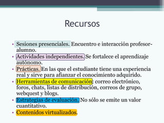 Recursos

• Sesiones presenciales. Encuentro e interacción profesor-
  alumno.
• Actividades independientes. Se fortalece el aprendizaje
  autónomo.
• Prácticas. En las que el estudiante tiene una experiencia
  real y sirve para afianzar el conocimiento adquirido.
• Herramientas de comunicación: correo electrónico,
  foros, chats, listas de distribución, correos de grupo,
  webquest y blogs.
• Estrategias de evaluación. No sólo se emite un valor
  cuantitativo.
• Contenidos virtualizados.
 
