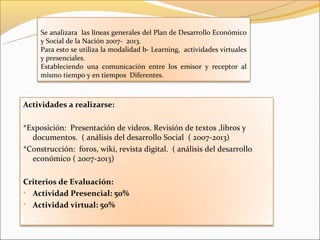 Se analizara las líneas generales del Plan de Desarrollo Económico
     y Social de la Nación 2007- 2013.
     Para esto se utiliza la modalidad b- Learning, actividades virtuales
     y presenciales.
     Estableciendo una comunicación entre los emisor y receptor al
     mismo tiempo y en tiempos Diferentes.



Actividades a realizarse:

*Exposición: Presentación de videos. Revisión de textos ,libros y
  documentos. ( análisis del desarrollo Social ( 2007-2013)
*Construcción: foros, wiki, revista digital. ( análisis del desarrollo
  económico ( 2007-2013)

Criterios de Evaluación:
• Actividad Presencial: 50%
• Actividad virtual: 50%
 