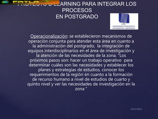PROYECTO B-LEARNING PARA INTEGRAR LOS
              PROCESOS
            EN POSTGRADO


     Operacionalización: se establecieron mecanismos de
   operación conjunta para atender esta área en cuanto a
      la administración del postgrado, la integración de
   equipos interdisciplinarios en el área de investigación y
        la atención de las necesidades de la zona. “Los
    próximos pasos son: hacer un trabajo operativo para
    determinar cuáles son las necesidades y establecer los
         planes y estrategias de estudios, conocer los
    requerimientos de la región en cuanto a la formación
      de recurso humano a nivel de estudios de cuarto y
   quinto nivel y ver las necesidades de investigación en la
                             zona “
 