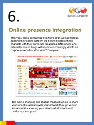 6.
Online presence integration
This year, those companies that have been worked hard at
building their social footprint will finally integrate these
channels with their corporate presences. SNS pages and
externally hosted blogs will become increasingly visible on
corporate websites. Who wins? Everyone.




 The online shopping site Taobao makes it simple to share
 your recent purchases with your network through various
 social media - showing your friends what brands and
 products you support.
 