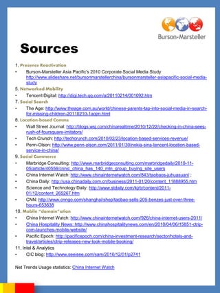 Sources
1. Presence Reactivation
•     Burson-Marsteller Asia Pacific‟s 2010 Corporate Social Media Study
      http://www.slideshare.net/bursonmarstellerchina/bursonmarsteller-asiapacific-social-media-
      study
5. Networked Mobility
•     Tencent Digital: http://digi.tech.qq.com/a/20110214/001092.htm
7. Social Search
•     The Age: http://www.theage.com.au/world/chinese-parents-tap-into-social-media-in-search-
      for-missing-children-20110210-1aojm.html
8. Location-based Comms
•     Wall Street Journal: http://blogs.wsj.com/chinarealtime/2010/12/22/checking-in-china-sees-
      rush-of-foursquare-imitators/
•     Tech Crunch: http://techcrunch.com/2010/02/23/location-based-services-revenue/
•     Penn-Olson: http://www.penn-olson.com/2011/01/30/nokia-sina-tencent-location-based-
      service-in-china/
9. Social Commerce
•     Marbridge Consulting: http://www.marbridgeconsulting.com/marbridgedaily/2010-11-
      05/article/40556/cnnic_china_has_140_mln_group_buying_site_users
•     China Internet Watch: http://www.chinainternetwatch.com/843/taobaos-juhuasuan/ ;
•     China Daily: http://usa.chinadaily.com.cn/business/2011-01/20/content_11888955.htm
•     Science and Technology Daily: http://www.stdaily.com/kjrb/content/2011-
      01/12/content_265267.htm
•     CNN: http://www.cnngo.com/shanghai/shop/taobao-sells-205-benzes-just-over-three-
      hours-653638
10. Mobile “domain”ation
•     China Internet Watch: http://www.chinainternetwatch.com/926/china-internet-users-2011/
•     China Hospitality News: http://www.chinahospitalitynews.com/en/2010/04/06/15851-ctrip-
      com-launches-mobile-website/
•     Pacific Epoch: http://pacificepoch.com/china-investment-research/sector/hotels-and-
      travel/articles/ctrip-releases-new-look-mobile-booking/
11. Intel & Analytics
•     CIC blog: http://www.seeisee.com/sam/2010/12/01/p2741

Net Trends Usage statistics: China Internet Watch
 