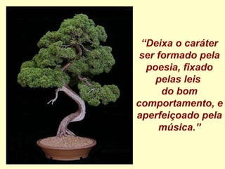 “ Deixa o caráter ser formado pela poesia, fixado pelas leis  do bom comportamento, e aperfeiçoado pela música.” 