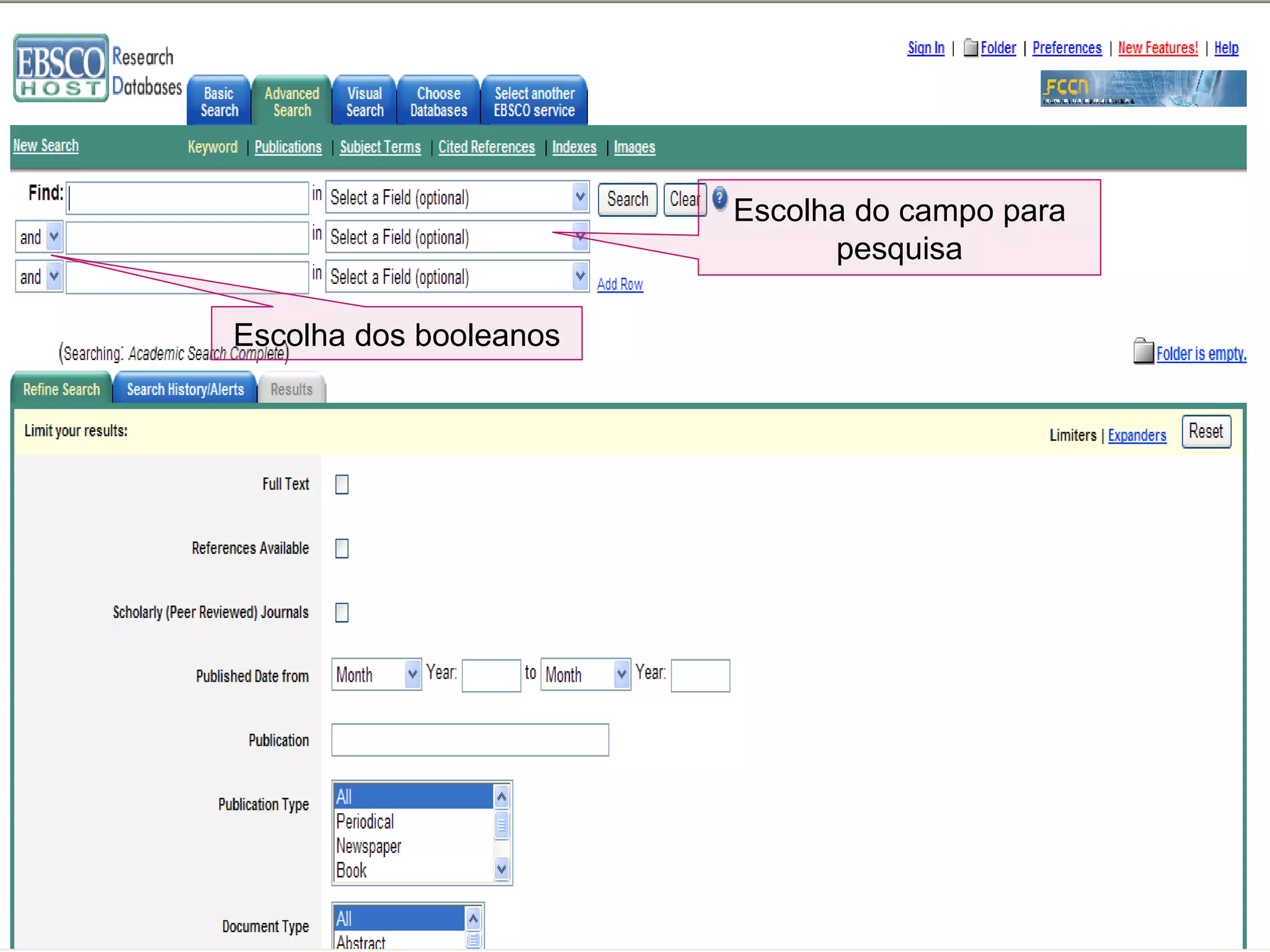 Escolha do campo para pesquisa Escolha dos booleanos 
