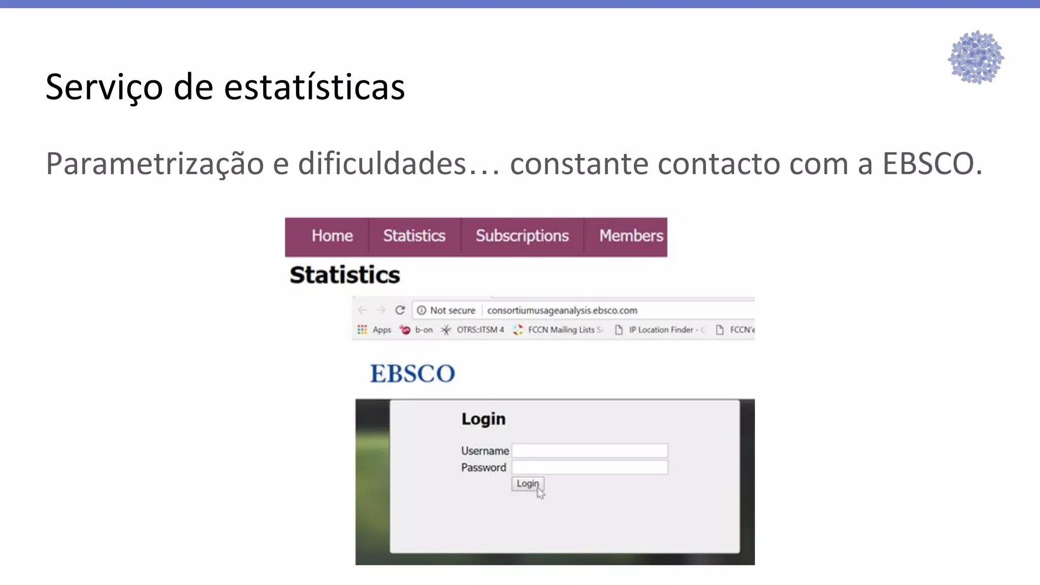 Serviço de estatísticas
Parametrização e dificuldades… constante contacto com a EBSCO.
 