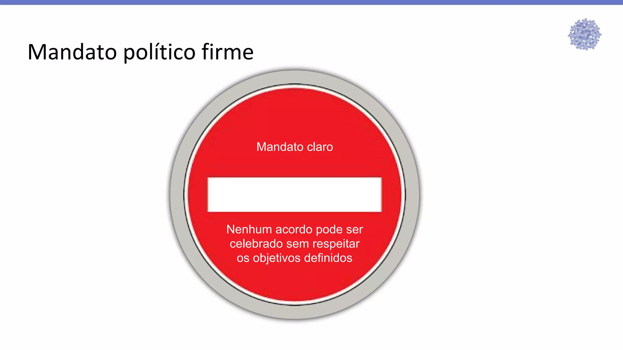 Mandato político firme
Nenhum acordo pode ser
celebrado sem respeitar
os objetivos definidos
Mandato claro
 