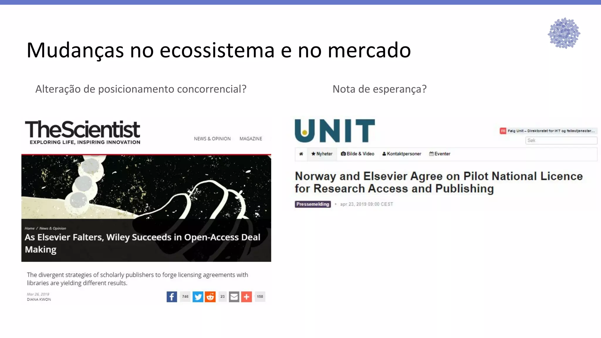 Mudanças no ecossistema e no mercado
Alteração de posicionamento concorrencial? Nota de esperança?
 